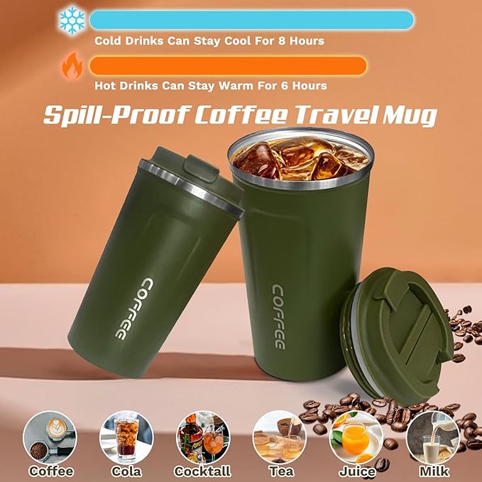 SPLMIFA Travel Coffee Mugs Leak-Proof, Reusable Coffee Cups with Lids, Stainless Steel Vacuum Insulated Coffee Tumblers, Thermal Insulation Cups for Men and Women Hot & Cold Drinks(2nd-Green, 17OZ)