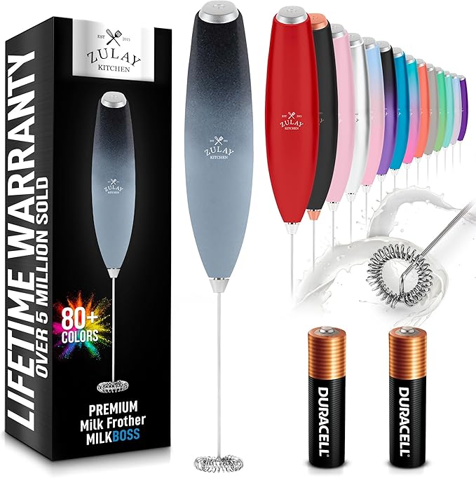 Zulay Kitchen Milk Frother Handheld Electric Whisk with AA Duracell Batteries – Durable Drink Mixer for Coffee, Lattes, Cappuccinos & More - Storm