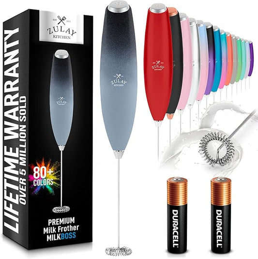 Zulay Kitchen Milk Frother Handheld Electric Whisk with AA Duracell Batteries – Durable Drink Mixer for Coffee, Lattes, Cappuccinos & More - Storm