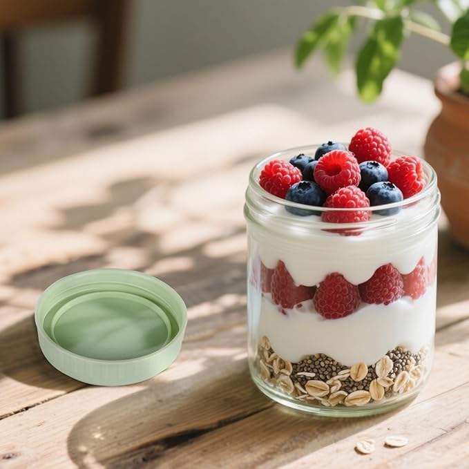 SHOWIN Overnight Oats Containers with Lids, 16oz Glass Jars with Lids 4 pcs, Light Green, Wide Mouth Mason jars for Salad, Yogurt, Snacks, Meal Prep
