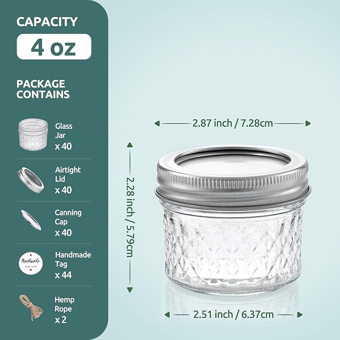 Tecohouse 40 Pack, 4 oz Small Mason Jars with Leakproof Lids, Regular Mouth Mason Jars | 4 oz Glass Jars with Lids for Honey, Jam, Snacks, Spices, DIY Candles & Crafts