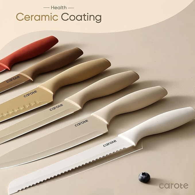 CAROTE Knife Set, 12 Pieces Kitchen Knife Set, 6 Stainless Steel Knives with Blade Guards & Nonstick Ceramic Coating, Rustproof, Color-Coded, Ergonomic Handles