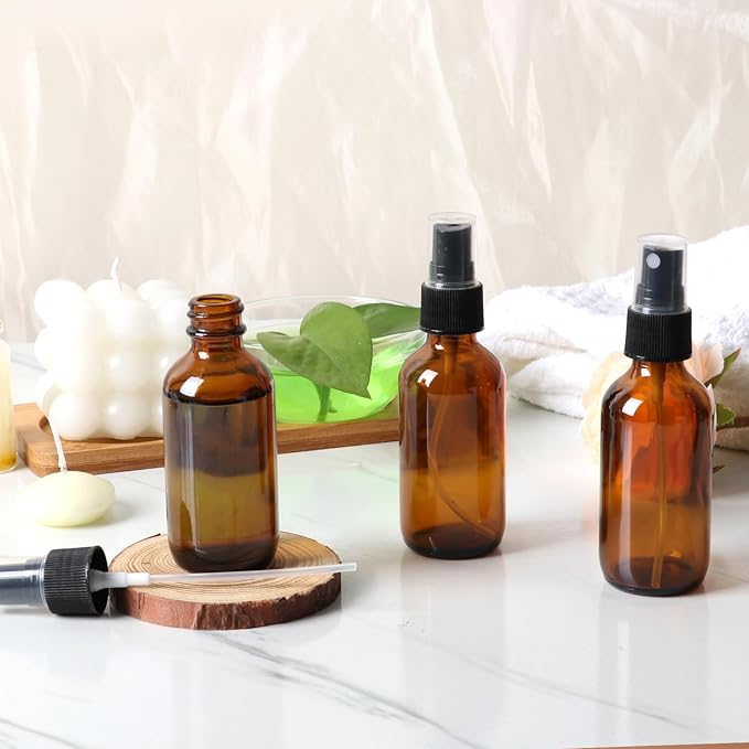 STARSIDE 24 Pack 2oz Amber Glass Spray Bottles with Fine Mist Sprayer,60 ml Glass Travel Bottles for Cosmetic Essential Oils Cleaning Solutions Perfumes & Liquids