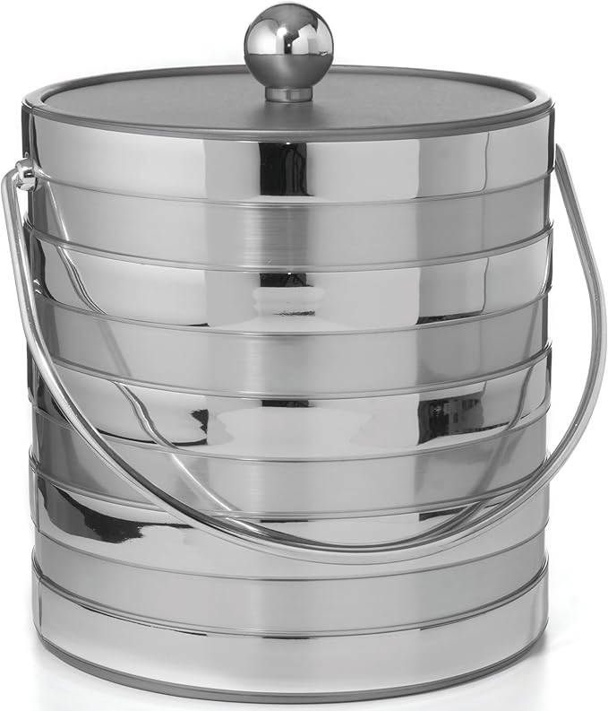Made In USA Metallic Deco Collection Double Walled Insulated Ice Bucket With Ice Tongs (3-Quart, Silver Stripes)