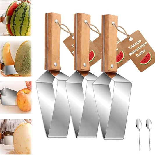 Triangle Watermelon Cutter – Stainless Steel Watermelon Slicer with Wooden Handle – Multi-Function Fruit Cutter Tool – Ideal for Watermelon, Pineapple, and Other Summer Fruits (3pcs)