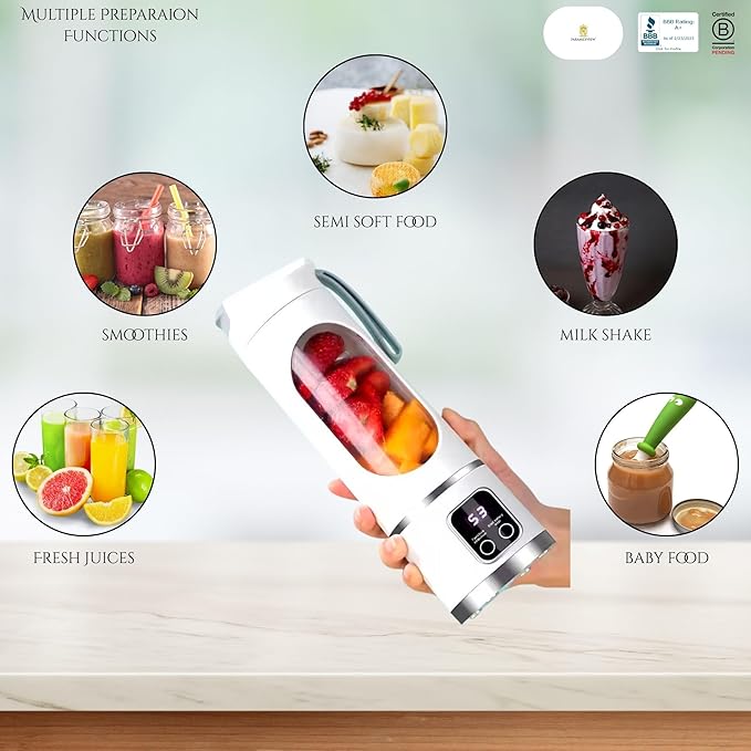 Paramexview® Portable Blender 16oz/500ml for Juices & Smoothies with 12 Stainless Steel Blades | USB Rechargable & 3 Levels Multi-Speed Control | 50W Powered fusion Portable Blender