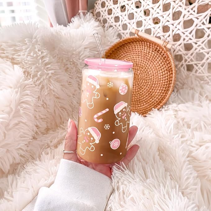 SANDJEST Christmas Gingerbread 16oz Can Glass Tumbler with Acrylic Lid & Straw, Iced Coffee Cup for Women Girls, Aesthetic Cups Gifts for Xmas