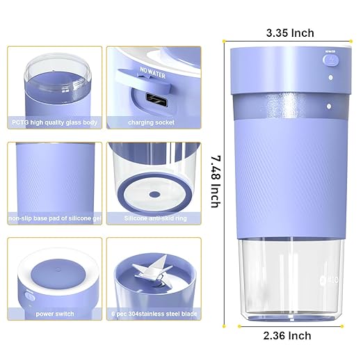 MIO Portable Blender for Smoothies, 10 oz Mini Personal USB-C Rechargeable Cordless Smoothie Maker & Handheld Protein Shake Blender, Quiet Small Travel Juicer for Office, Gym, Kitchen(Purple)
