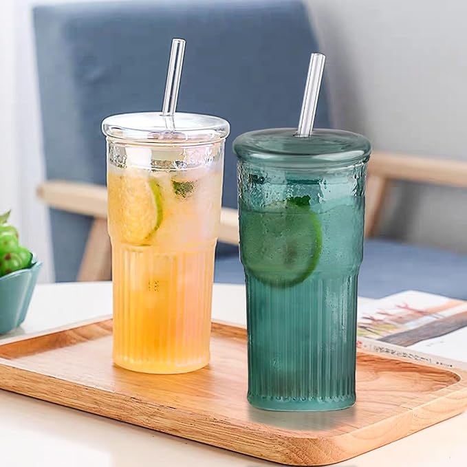 JunVpic Glass Coffee Cups with Lids and Straws, 20 OZ Green Iced Water Glasses Tumblers for Ice Juice, Tea, Milk, Smoothie and Cold or Hot Drinks, Set of 2