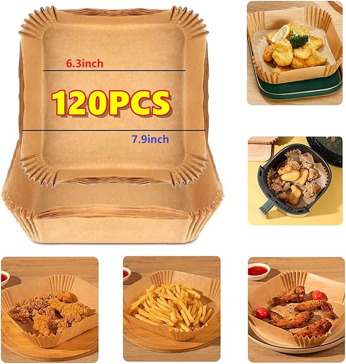 Air Fryer Liners Disposable 120PCS, 7.9 Inch Square Non-Stick Parchment Paper Baking Liners for Most Air Fryers, Food Grade Greaseproof Basket Sheets for Easy Cleanup