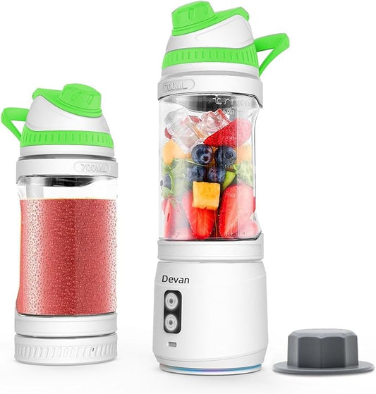 Portable Blender, Anti-Jamming 300 Watt for Shakes and Smoothies, 24oz Travel Blender USB Rechargeable, BPA Free Sporty bottle with a Travel Lid. (White Base Green Lid)