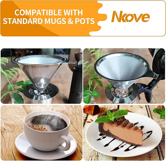 NKOVE Pour Over Coffee Dripper Stainless Steel Reusable Filter Paperless Cone Coffee Maker Dripper for 1-2 Cup