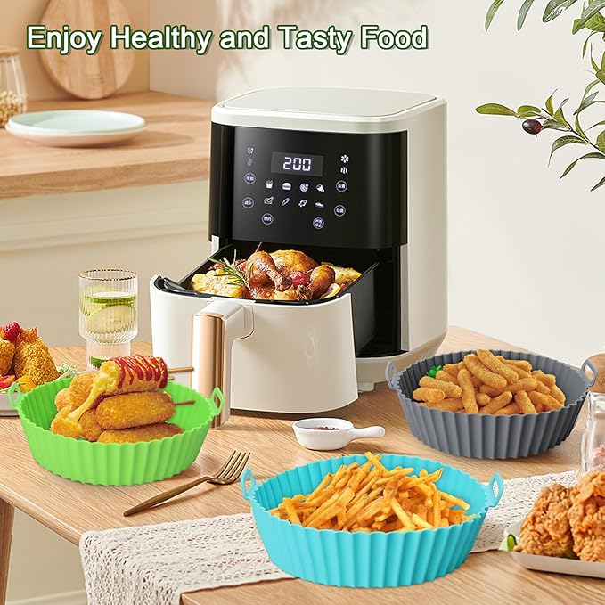 Komzon 3 Pack Air Fryer Silicone Liners, 8Inch Airfryer Liners, AirFryer Basket Liner, Reusable Food Grade Air Fryers Basket Pots Oven Liner Baking Tray, Air Fryer Silicone Mat Accessories Kitchen