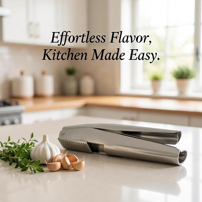 304 Stainless Steel Garlic Press, Labor-Saving Lever with Dense Holes, Easy to Clean Garlic Crusher, Ergonomic Handle for Home Kitchen