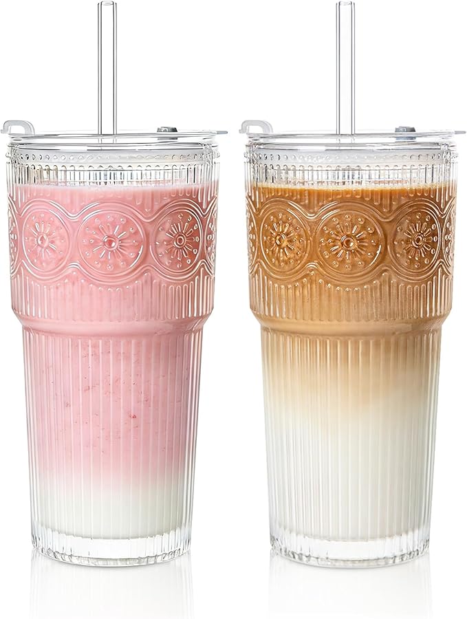 SoulTimes 20oz Ribbed & Floral Glass Tumbler Set of 2 – Reusable Glass Cups with Lid and Glass Straw, Iced Coffee Cups for Water, Smoothie, Milk, Cocktail & More – Perfect for Daily Use & Travel