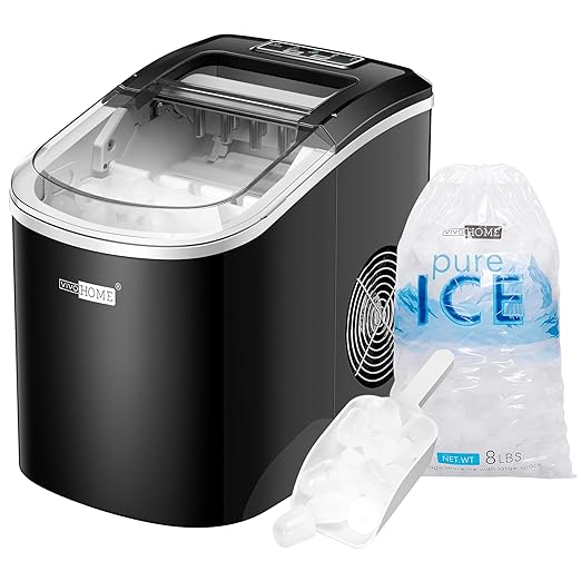 VIVOHOME Electric Portable Compact Countertop Automatic Ice Cube Maker Machine with Hand Scoop 10 Ice Bags and Self Cleaning Function 27lbs/Day Black