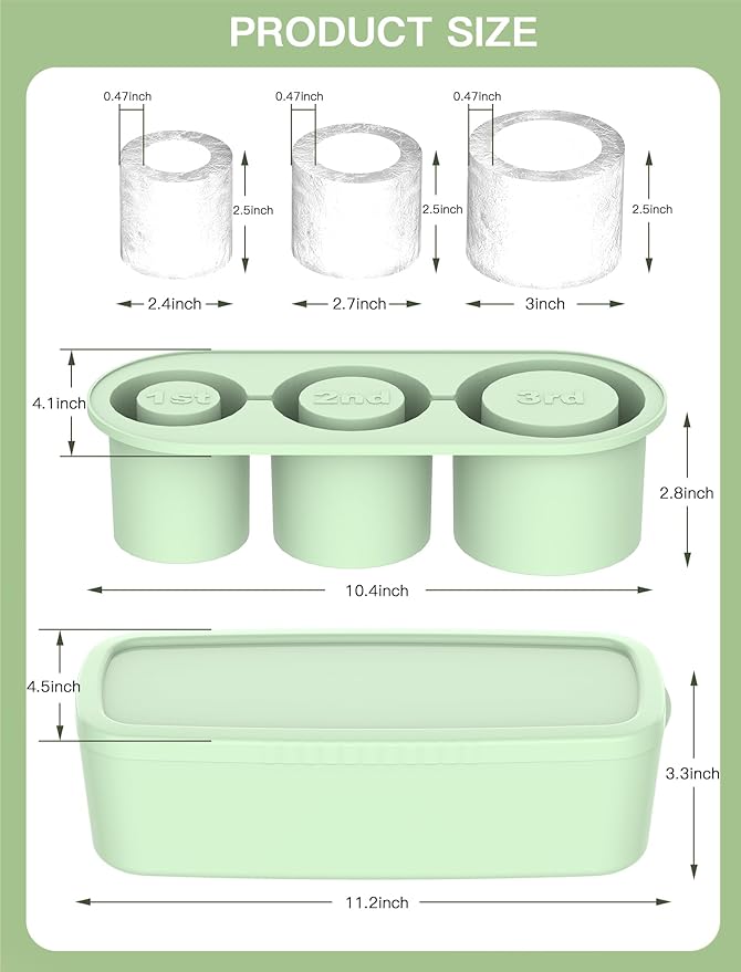 Ice Cube Tray for Tumbler Cup 30Oz-40Oz, 3 Pcs Silicone Cylinder Ice Mold with Lid and Bin for Freezer, Easy Fill and Release Ice Maker for Whiskey, Cocktail BPA-Free (Green, 30Oz-Type1)