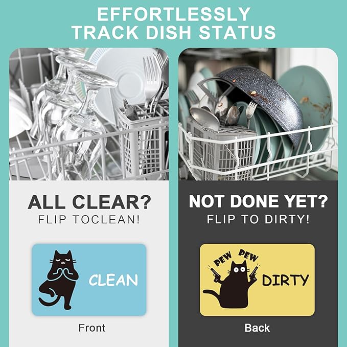 Funny Black Cat Clean Dirty Dishwasher Magnet - Cute Refrigerator Kitchen Magnet, Non-Scratch Strong Double Sided Washing Machine Sign, Housewarming Gifts for Cat Lovers, Home Apartment Essentials (Blue&Yellow)
