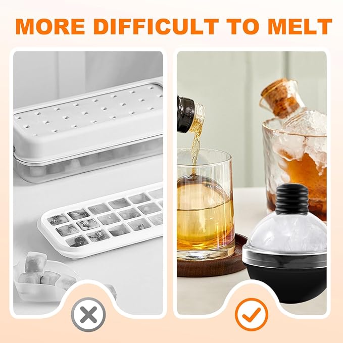 Round Ice Cube Mold - Set of 4 Large Ice Ball Maker Mold For Whiskey Cocktails, BPA Free Reusable Silicone Ice Cube Molds With Lid