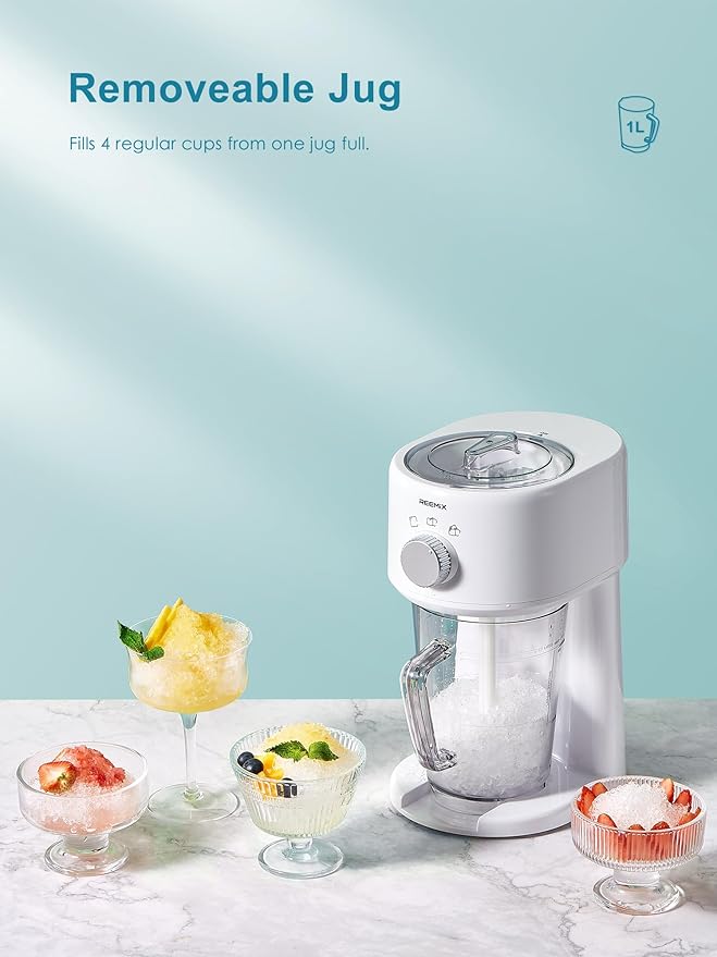 Reemix Shaved Ice Machine, Electric Ice Shaver and Snow Cone Machine with Large Capacity Storage, Portable Ice Crusher Ice Thickness Can be Adjusted (White)
