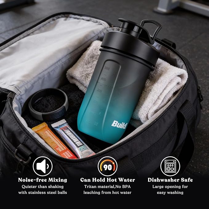 BuildLife Protein Shaker Bottle, 20oz Tritan Shaker Cup with Silent Mixing Grid – Lump Free Shakes 600ML for Pre Workout Protein & Smoothies, BPA-Free Leakproof Dishwasher Safe (BlackBlue)