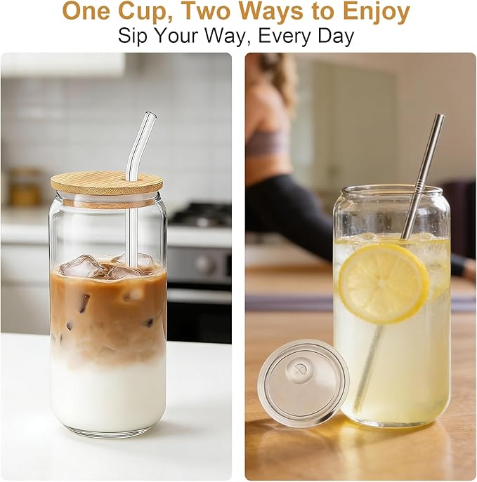 Glass Cups with Lids and Straws, 20 oz Dual Lid Two Straw Tumbler, Travel Home Versatile Beer Can Cup, Iced Coffee Drinkware, Clear Mug for Smoothie Beverage with Two Cleaning Brushes