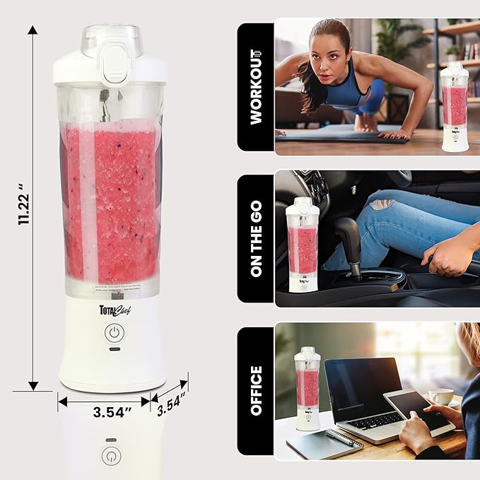 Total Chef Portable Blender - For Smoothies & Protein Shakes, USB Rechargeable Cordless Mini Travel Mixer, Personal Juicer, Ice Crusher, Blender Bottle for Home & Kitchen, 20oz, White