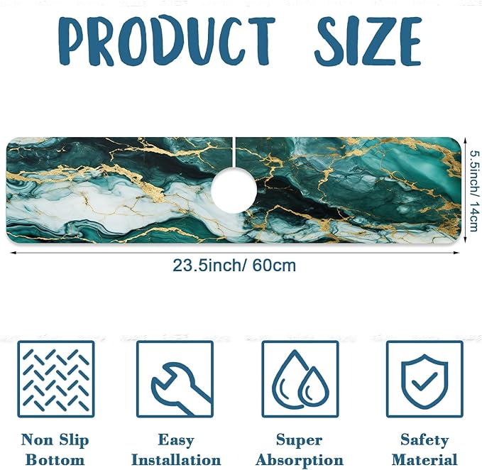 Green Marble Sink Splash Guard Faucet Mat Liquid Gold Marble Super Absorbent Fast Drying Mat Sink Gadgets-Splash Guard Behind Faucet Drip Catcher for Kitchen Bathroom, 23.5"x5.5"