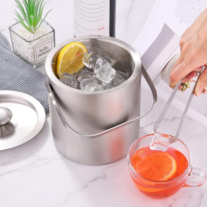 LUCKYGOOBO Mini Ice Bucket Portable Double Wall Ice Bucket with Tong,Stainless Steel Hotel Bucket/Champagne/Beverage Bucket,Size 1.3 Liters 5.5 x 5.5 in,Serveware for Party,Event,and Camping.