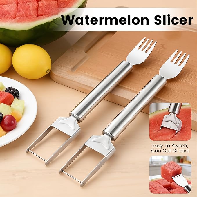 2-in-1 Stainless Steel Fruit Cutter, 2026 New Watermelon Fork Slicer Tool, Dual Head Watermelon Cutter Knife for Home Kitchen Gadget (1pcs)