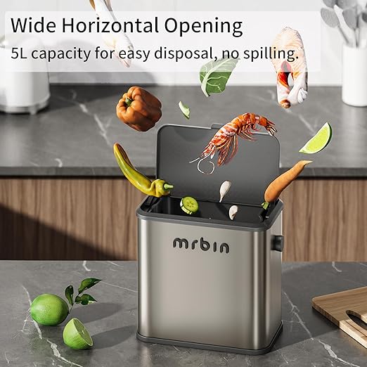 MRBIN Stainless Steel Compost Bin Countertop with Lid, Hanging Trash Can for Kitchen Cabinet Door, Indoor Recycle Basket Food Waste Scrap Dustbin for Kitchen Under Sink with Inner Bucket