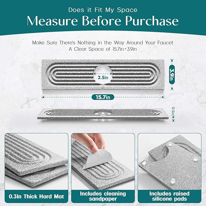 Stone Faucet Mat for Kitchen Sink, Diatomite Stone Drying Mat for Kitchen Counter, 2026 Upgraded Dishwasher-Safe & Ultra Absorbent, Chemical-Free Stone Dish Mat for Bottles Utensils (15.7" x 3.9")