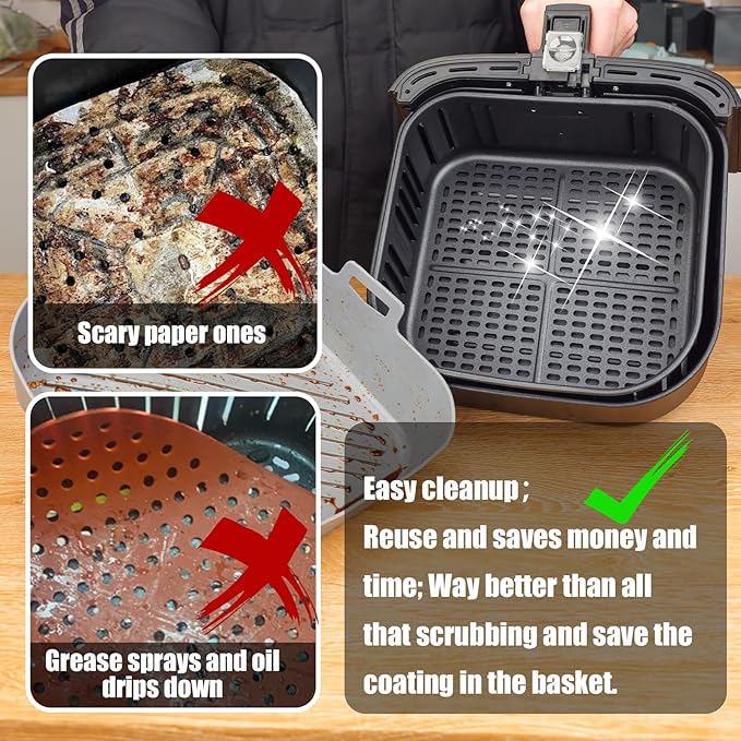 Golden Associate Silicone Liners Square for 8 to 8.5 inch Air Fryer, 4 Pcs Non-stick Food-grade Reusable Basket Baking Tray Airfryer Accessories