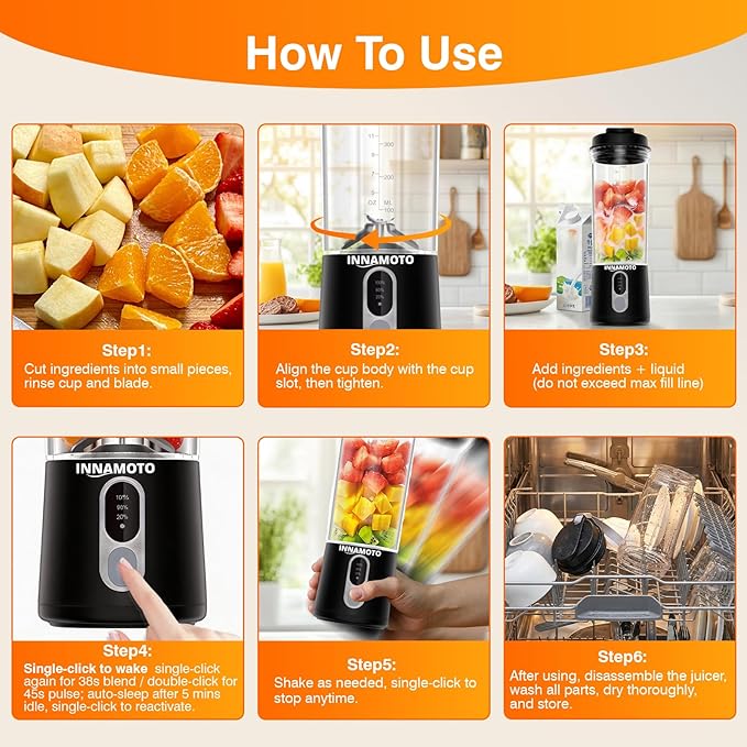 Portable Personal Size Blender for Smoothies - Cordless Mini Blender With Powerful Blending, 20oz BPA-Free Juice Cup With Leak-proof Travel Lid, Type-C Rechargeable, Freshly Squeezed in Gym/Picnic