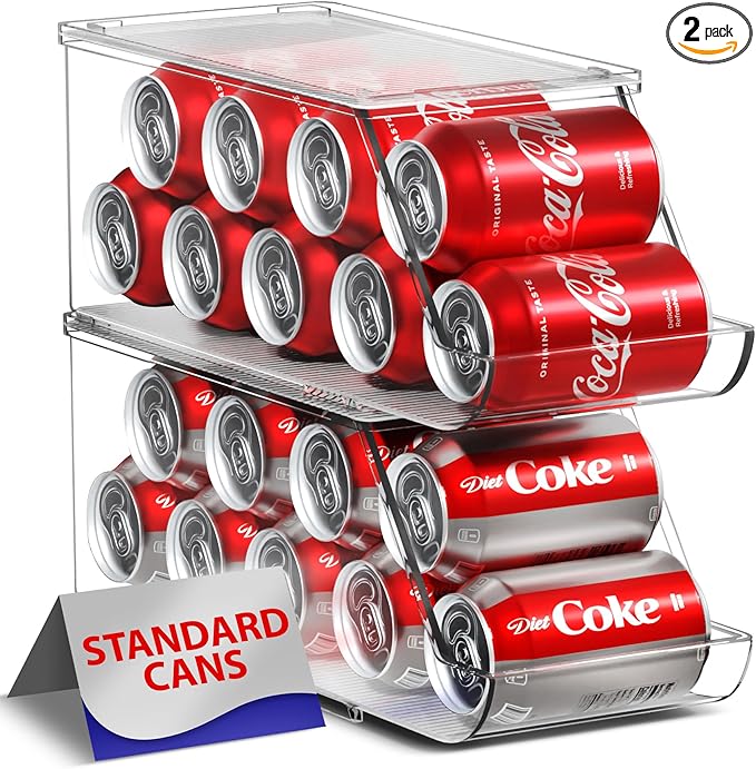 Sorbus Soda Can Organizer for Refrigerator - Stackable Holder Dispenser With Lid for Fridge, Pantry, Freezer - Holds 9 Cans Each, BPA-Free, Clear Design, Drink Organizer (2-Pack)