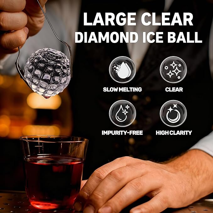 Diamond Sphere Clear Ice Mold – Silicone Reusable Ice Ball Maker for Whiskey, Cocktails & Home Bar –for Men and Women, Bartenders, Party Hosts