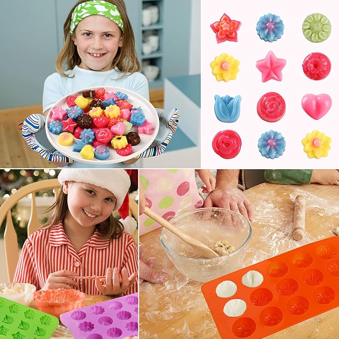 FIRETREESILVERFLOWER Flower Shape Chocolate Candy Molds Set,Heart,The stars,The rose,Flowers in Combination,15 Cavity Silicone Baking Mold Ice Cube Tray-Wedding,Festival,Parties and DIY Crafts-(6Pcs)