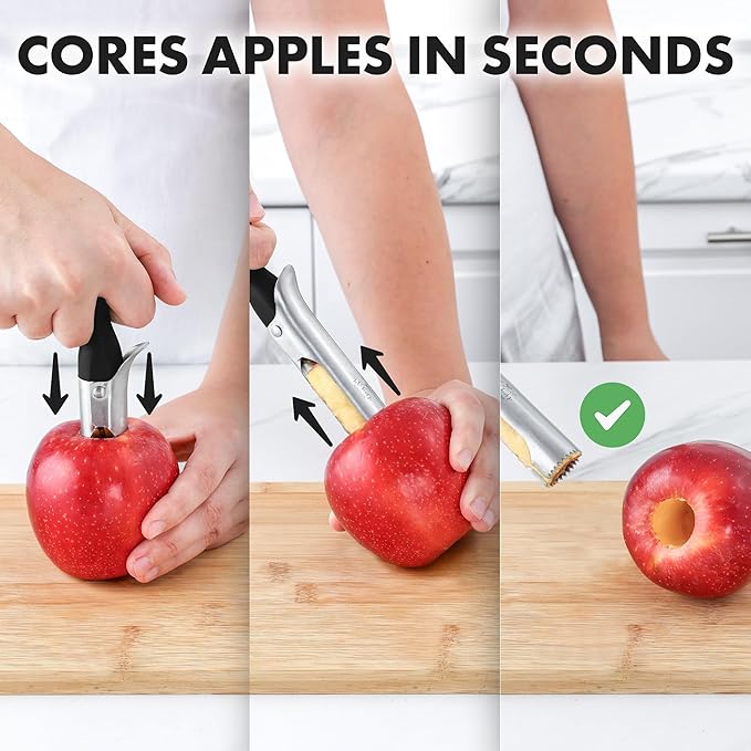 Zulay Kitchen Ultra Sharp Apple Corer Tool - Stainless Steel, Sharp & Serrated Blade Cores in Seconds - Easy to Use & Clean, Durable Apple Core Remover for Apples & Small Fruits - Black