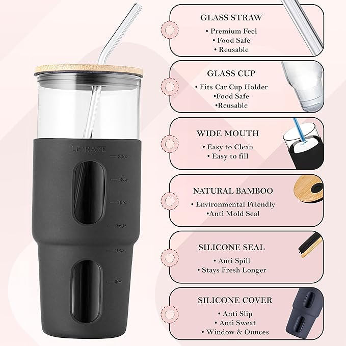 32oz Black Glass Tumbler with Straw & Bamboo Lid, Silicone Sleeve, Reusable Boba Smoothie Cup, Iced Coffee Tumbler, Fits Cup Holder, BPA Free, Le'raze