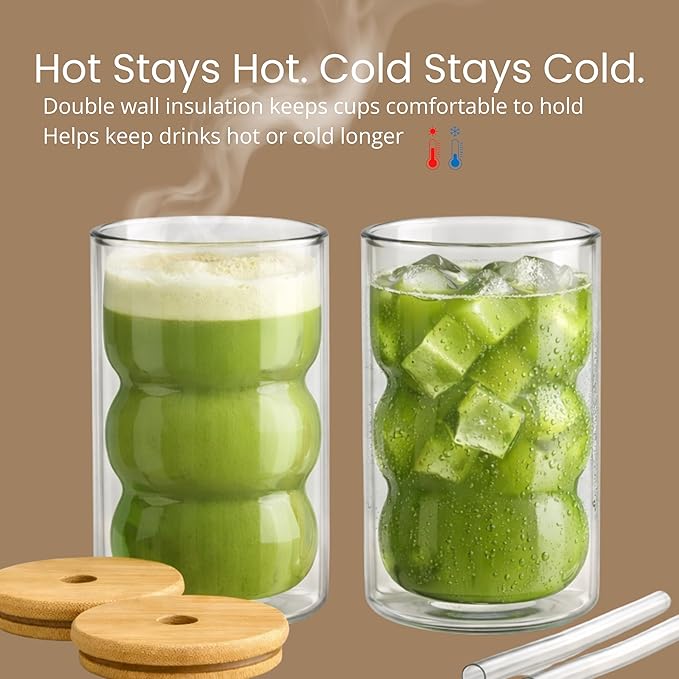 HAPPY PATH & CO. 2 Double Wall Glass Cups with Lids and Straws 16oz (480ml) - Glasses Drinking Set | Glass Tumbler with Bamboo Lid | Ribbed Bubble Glass Cups for Matcha, Coffee and Other Smoothies