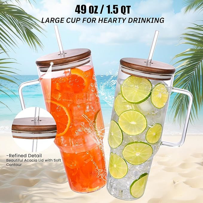 49oz Glass Tumbler with Acacia Wood Lid & Dual Straws, Large Cup with Handle and Straws Glasses Water Bottle Mason Jar Wide Mouth Iced Coffee Cups Travel Mug for Water,Juice,Smoothie,Bubble Tea,Soda