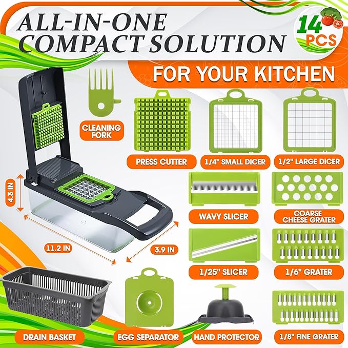 14-in-1 Vegetable Chopper with Container – Veggie Chopper with Container and Lid Includes 6 Blades, Cheese Grater, Egg Separator | Finger Guard, Dishwasher Safe – Veggie Dicer for Chips, Cubes, Strips