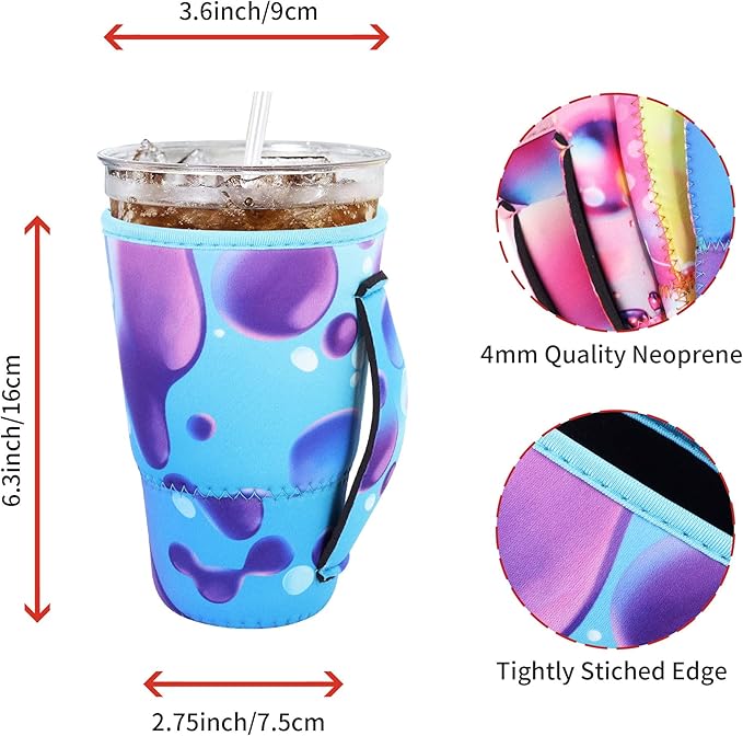 4Pack Reusable Iced Coffee Sleeve Insulator Sleeves for Cold Drinks Beverages, Neoprene Cup Holder for Most Coffee, Fits 30-32oz Large Cups (Gradient with Handle)