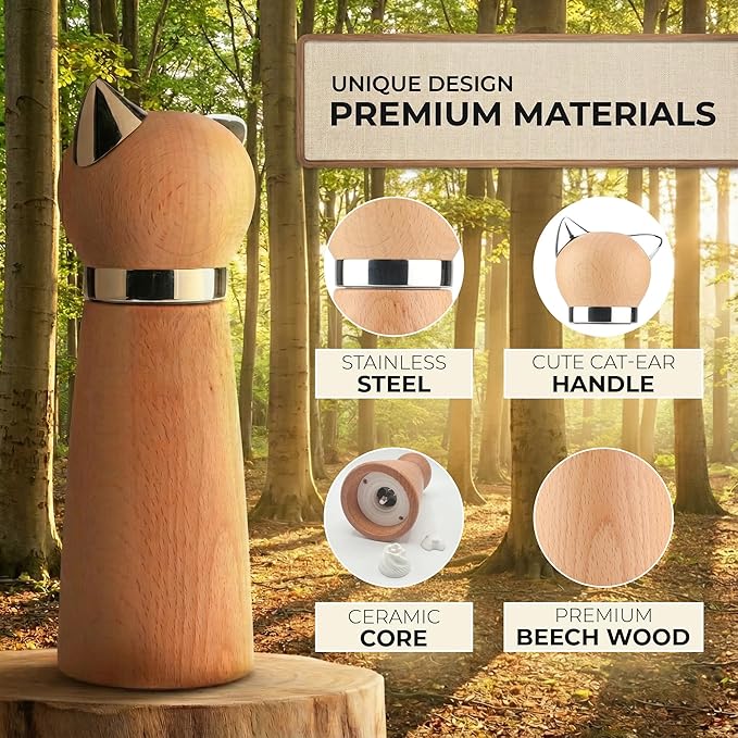 Ryevalley Wood Cat Pepper Grinder - Manual Wooden Salt Mill with Adjustable Coarseness - Unique Minimalist Kitchen Decor & Aesthetic Cat Themed Gifts for Cat Lovers, Natural Beechwood