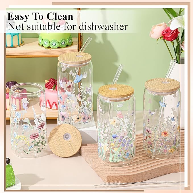 Mumufy 4 Pack Gift for Women Wild Flower Glass Cup Tumbler Butterfly Iced Coffee Mugs 16 oz Glass with Bamboo Lid & Straw, Christmas Mothers Day Birthday Gift for Mom Sister Bridesmaid Baby Shower