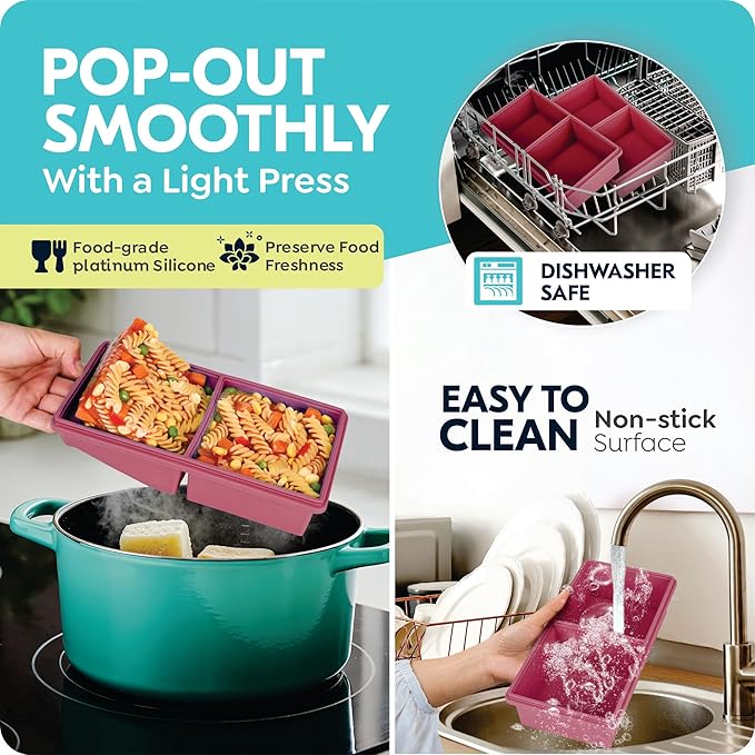 2 cup Silicone Freezer Trays with Lids, Silicone Soup Freezer Molds, Easily prepare portioned meals, Dishwasher,Oven Safe, Stackable, Ideal for Frozen Broth, Leftovers & Meal Prep, BPA Free 2 Pack