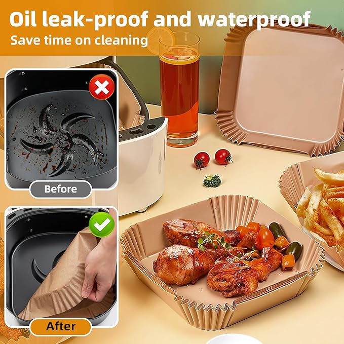 HONYAO Air Fryer Paper Liners 10 inch XXXL for 8-12 Qt Airfryer, 200pcs inch Square Thickened Disposable