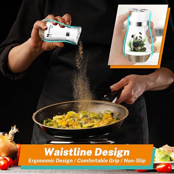 Panda Salt and Pepper Shakers Set,4 oz Glass Bottom Salt Pepper Shaker with Stainless Steel Lid Kitchen Decor and Accessories Refillable Design(Panda Eatting)