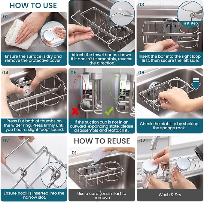 TAILI 4-in-1 Sponge Holder for Kitchen Sink with Strong Suction Cup Removable, Rustproof Stainless Steel Sink Caddy for Sponge, Brush, Scrubber, Scraper -Silver