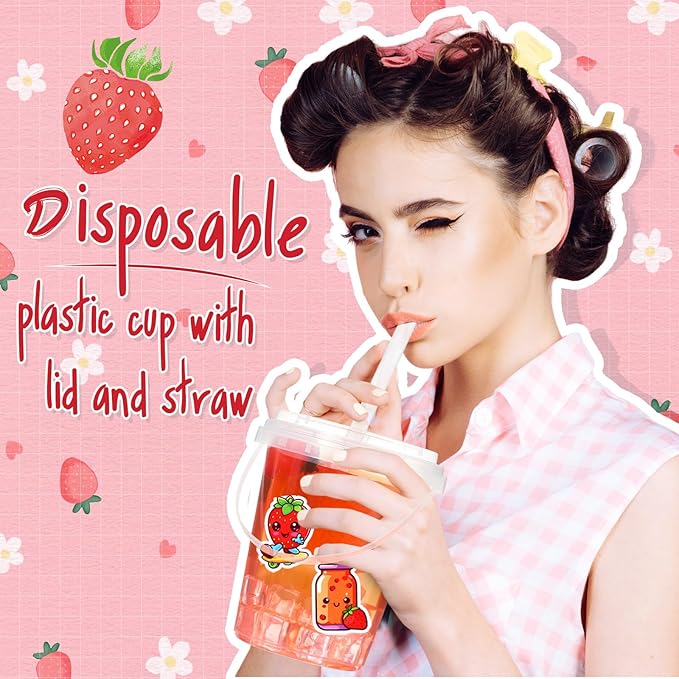 Funnymoom 30 Set Strawberry Drink Buckets with Lids and Straws 34oz Large Clear Plastic Cups Disposable Rum Cocktail Pails with Handles and Stickers for Summer Birthday Beach Pool Party Supplies